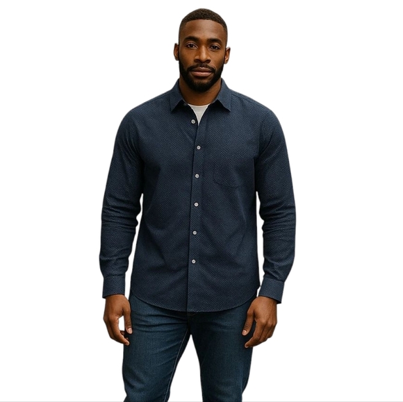 Michael Kors Men Size Large Navy Blue Printed Classic Fit Button Down Shirt - Picture 1 of 6